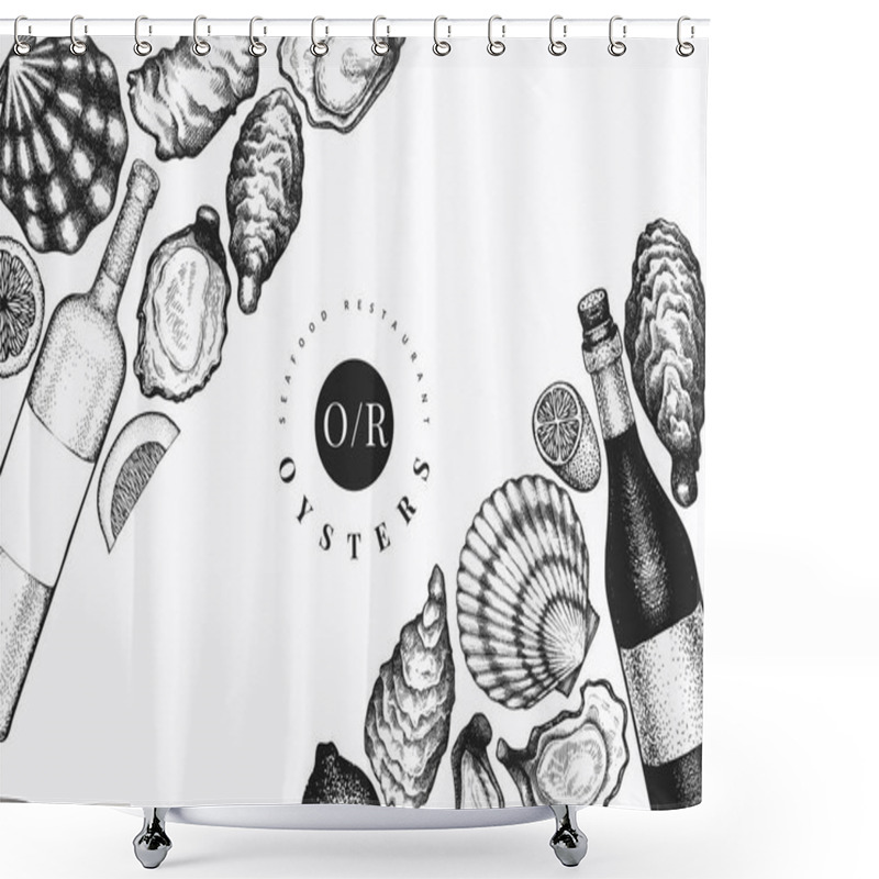 Personality  Oysters And Wine Design Template. Hand Drawn Vector Illustration. Seafood Banner. Can Be Used For Design Menu, Packaging, Recipes, Fish Market, Seafood Products. Shower Curtains