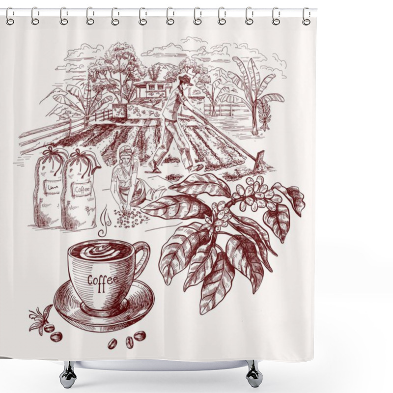 Personality  Coffee Harvest Concept, Including A Cup Of Coffee And A Coffee Branch On Background Of Plantation . Vector Illustration In Sketch Style. Shower Curtains