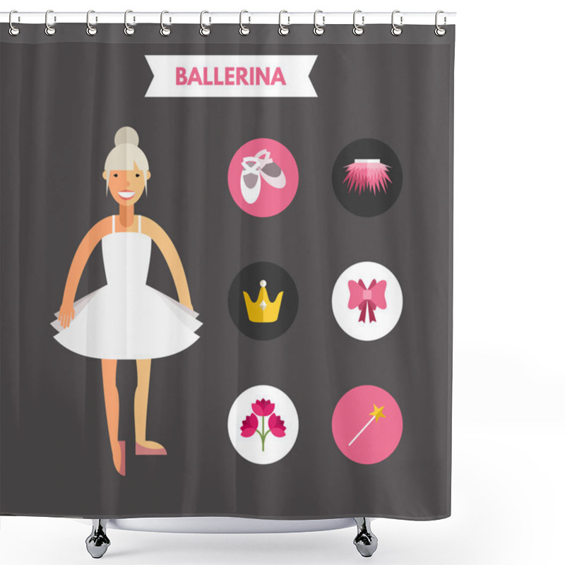 Personality  Flat Design Vector Illustration Of Ballerina With Icon Set. Infographic Design Elements Shower Curtains