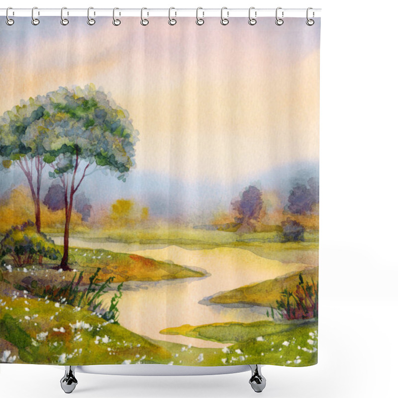 Personality  Handmade Bright Pink Watercolour Paint Sketch Quiet Fog Ravine Horizon View Scene On Paper Backdrop Space For Text. Hand Drawn Light Yellow Color Rainy Sundown Heaven Over Calm Wild Valley Park Creek Shower Curtains