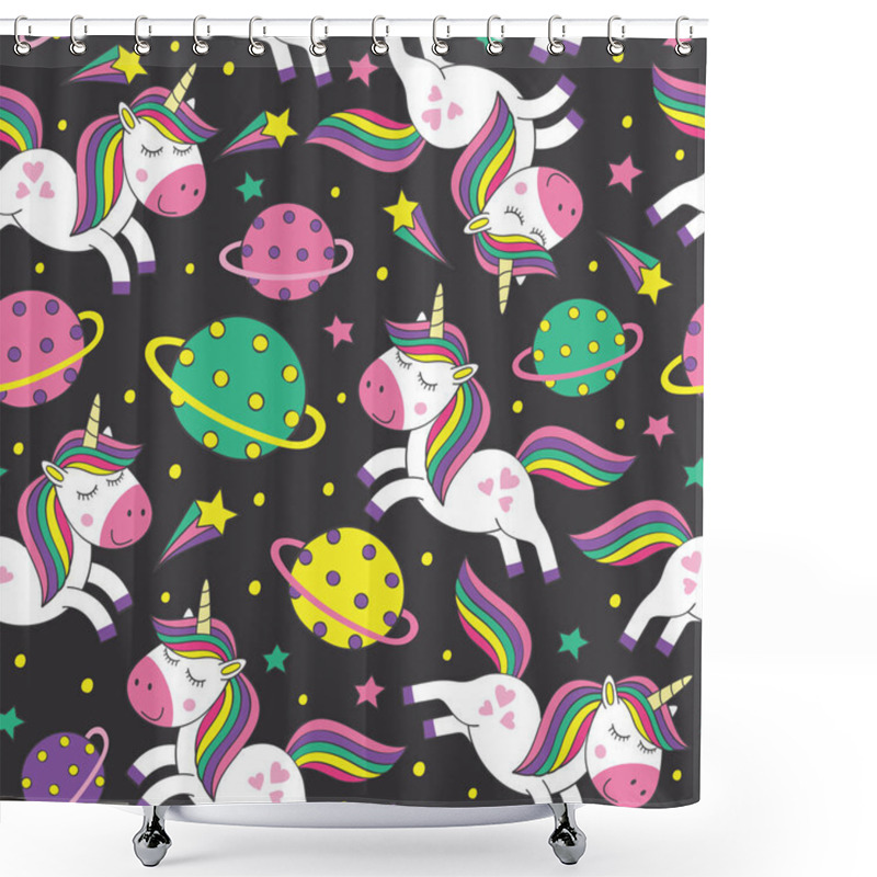 Personality  Seamless Pattern With Little Unicorns In Space   - Vector Illustration, Eps Shower Curtains