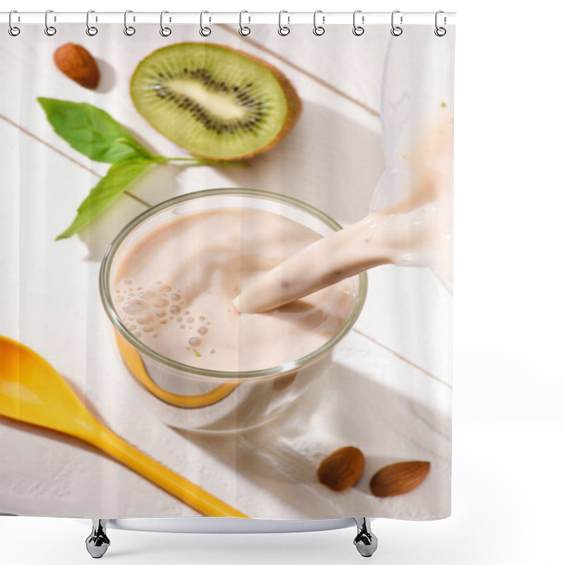 Personality  High Angle View Of Protein Drink Pouring Into Glass On White Wooden Table With Half Of Kiwi Shower Curtains