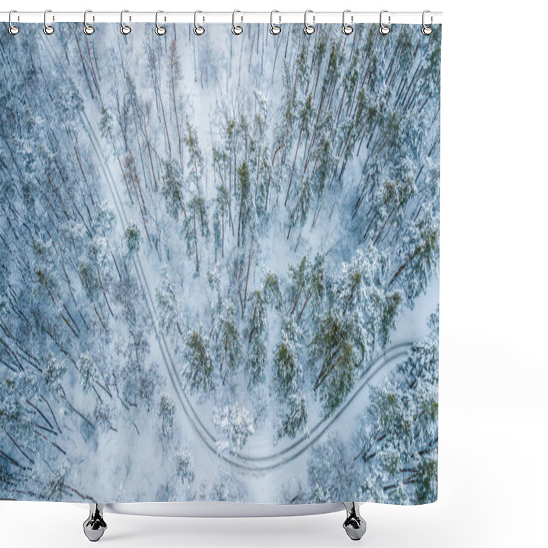 Personality  Aerial View Of Evergreen Christmass Pine Forest From Above. Bird's Eye, Drone Shot. Amazing Natural Winter Background Shower Curtains