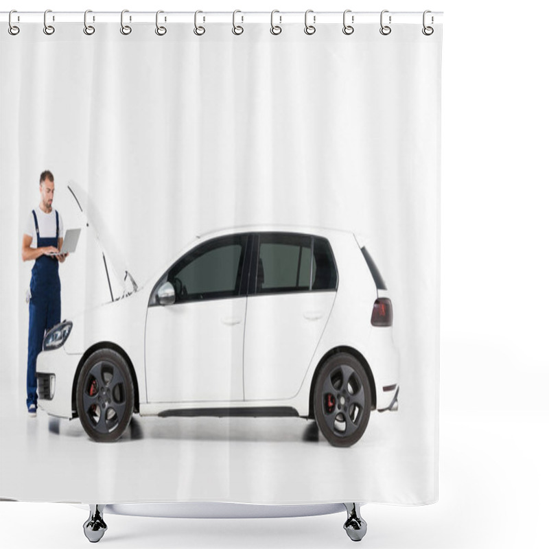 Personality  Handsome Auto Mechanic Using Laptop Near Open Car Hood On White Shower Curtains