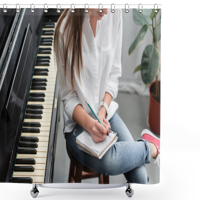 Personality  Cropped View Of Girl With Notebook Sitting Near Piano And Composing Music In Living Room Shower Curtains