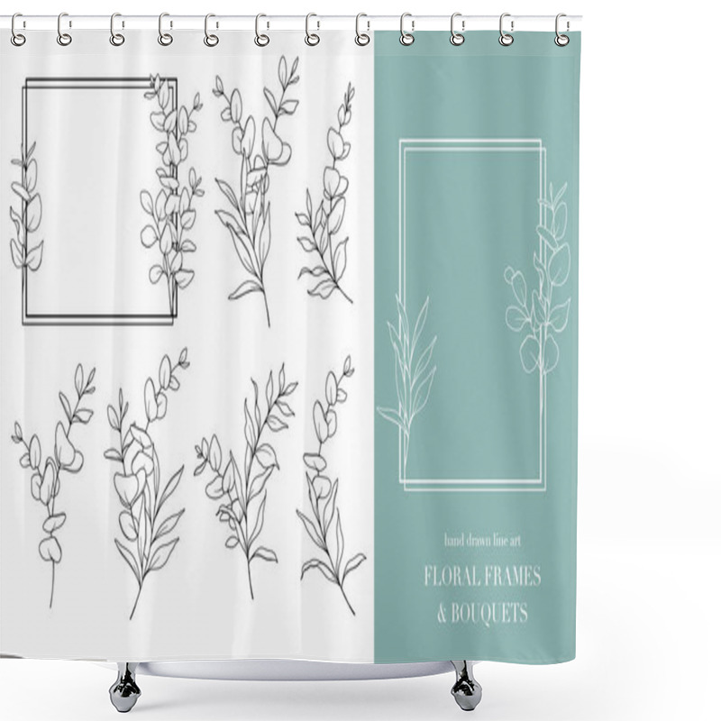 Personality  Eucalyptus Line Art. Floral Frames And Bouquets Line Art. Fine Line Eucalyptus Frames Hand Drawn Illustration. Hand Draw Outline Leaves And Flowers. Botanical Coloring Page. Eucalyptus Isolated Shower Curtains