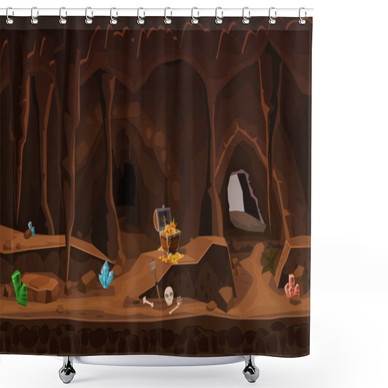 Personality  Treasure Cave With Chest Gold Coins, Gems. Concept, Art For Computer Game. Background Image To Use Games, Apps, Banners, Graphics. Vector Cartoon Illustration Shower Curtains