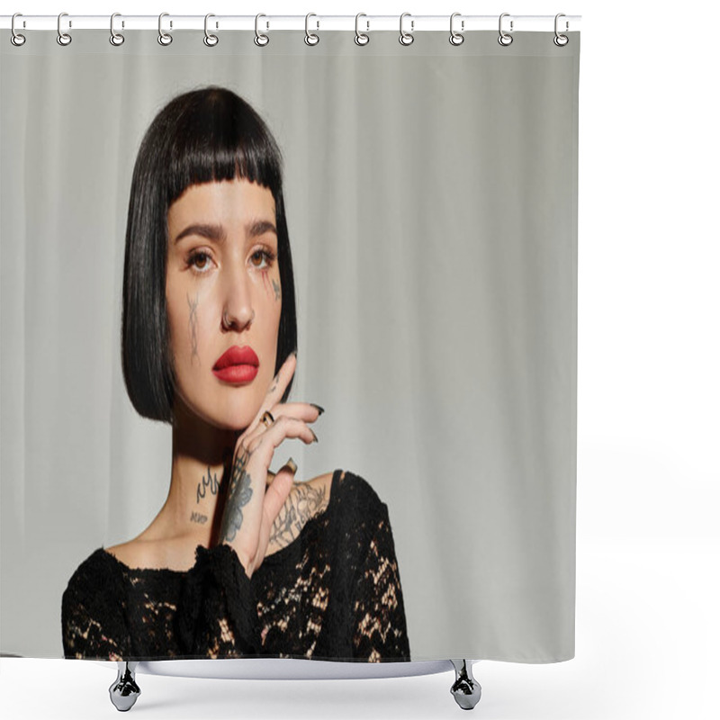 Personality  A Stylish Young Woman Showcases Her Tattoos And Bold Attire Effortlessly. Shower Curtains