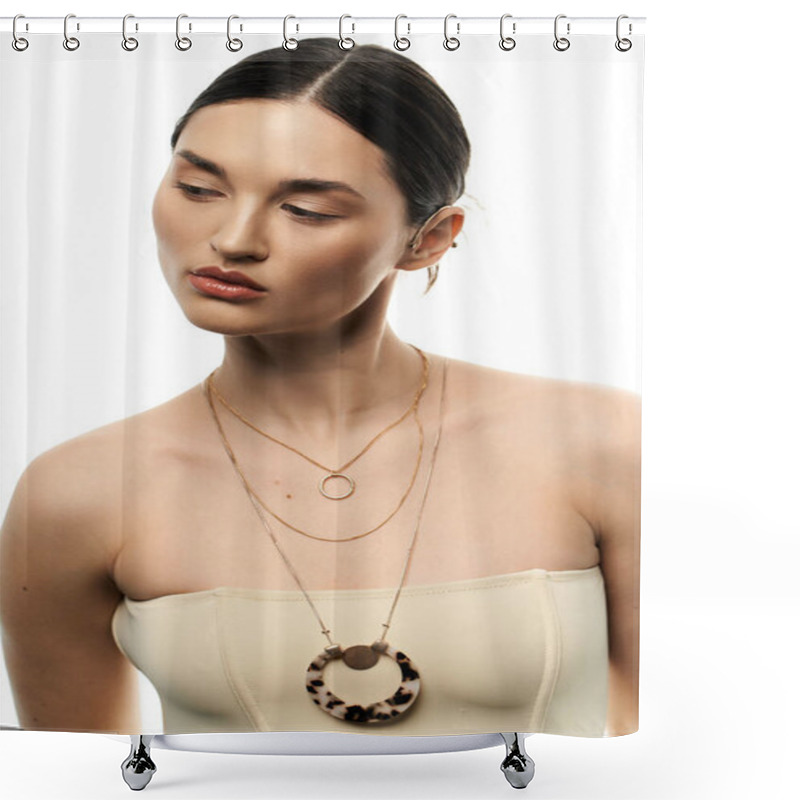 Personality  A Young Woman Wearing A Beautiful, Layered Gold Necklace With A Large Tortoise Pendant On A White Background. Shower Curtains