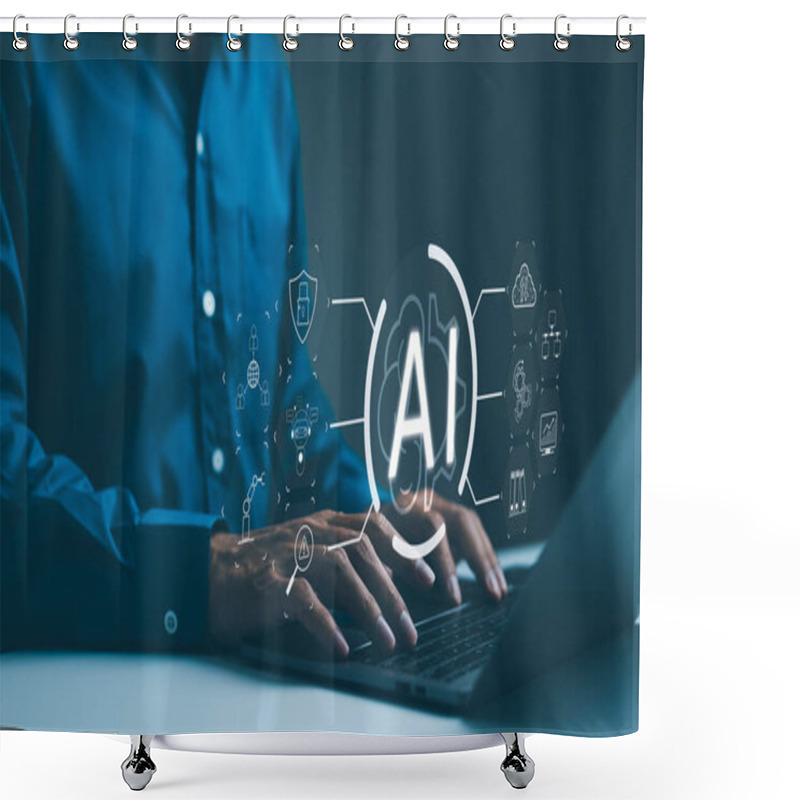 Personality  Artificial Intelligence Technology Concept. A Technology Professional Interacts With Icons Representing Different Aspects Of Artificial Intelligence On A Computer. Intelligent Tech, AI Prompt Generate Shower Curtains