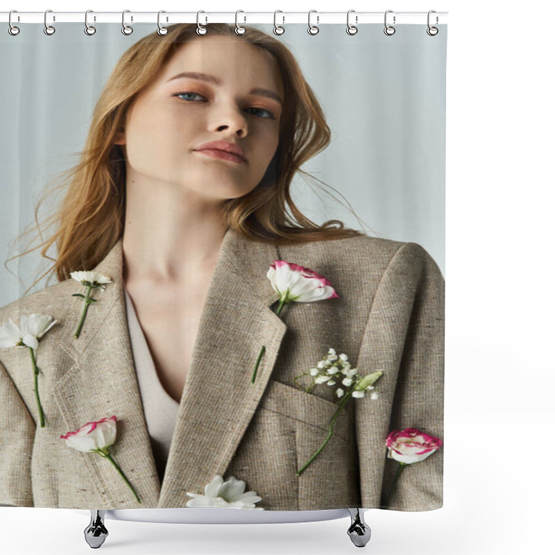 Personality  A Young Woman Showcases Elegance With Flowers Artfully Arranged On Her Attire. Shower Curtains