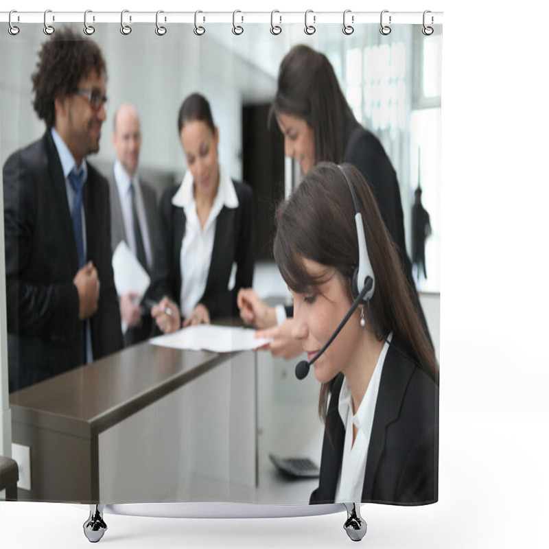 Personality  Businesspeople Crowding Around The Reception Area Of Their Company Shower Curtains