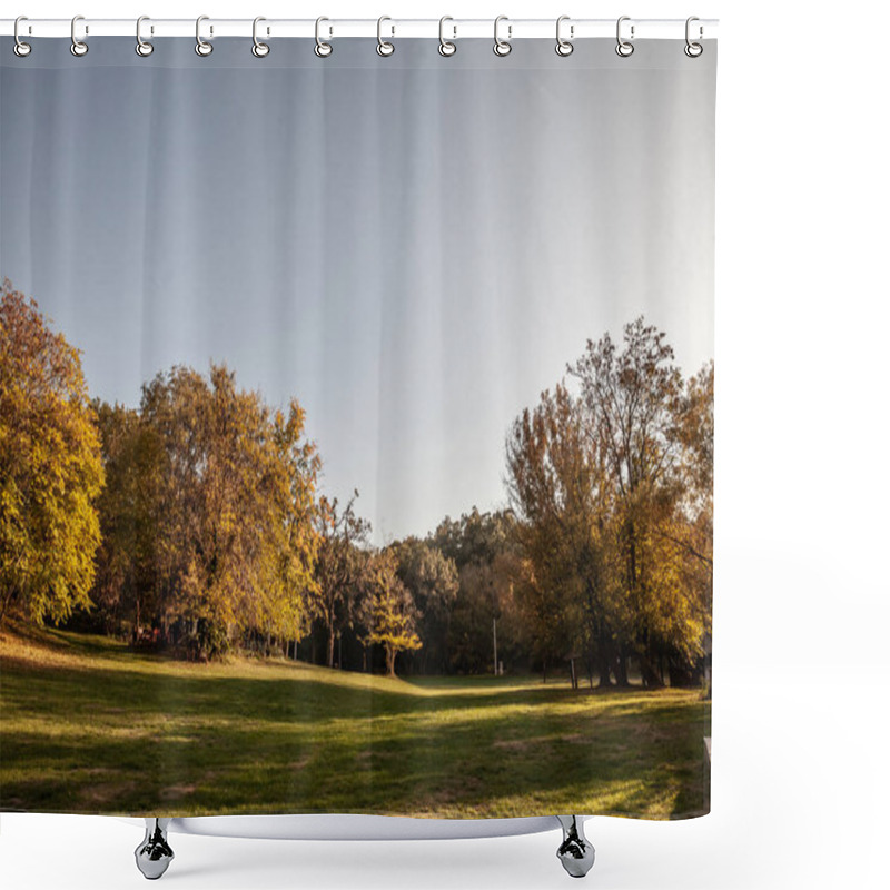 Personality  A Wide Clearing Featuring A Lush Grassfield Framed By Autumn Foliage In Devojacki Bunar, Serbia. This Tranquil Open Space, Set Against A Crisp Sky, Highlights A Local Spot For Leisure And Relaxation. Shower Curtains