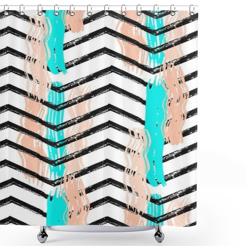 Personality  Geometric Art Print, Abstract Modern And Trendy Design, Minimalistic Unusual Nordic Universal Seamless Pattern In Black And White,mint Colors Isolated. Shower Curtains