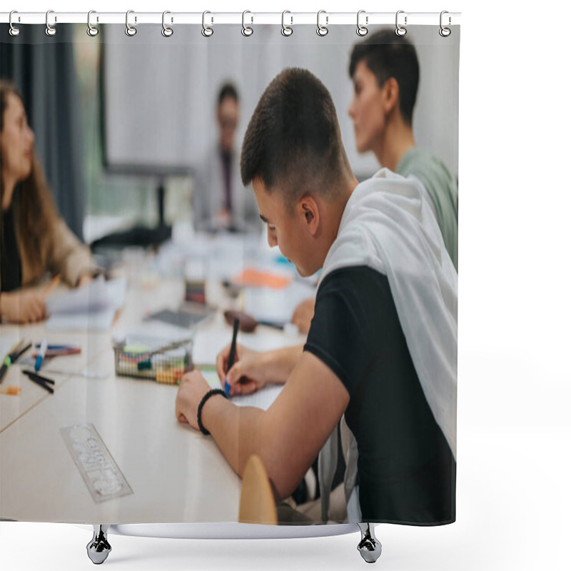 Personality  A Group Of Students Actively Participates In A Collaborative Learning Session In A Classroom Setting, Emphasizing Teamwork And Academic Focus. The Image Captures The Essence Of Modern Education. Shower Curtains