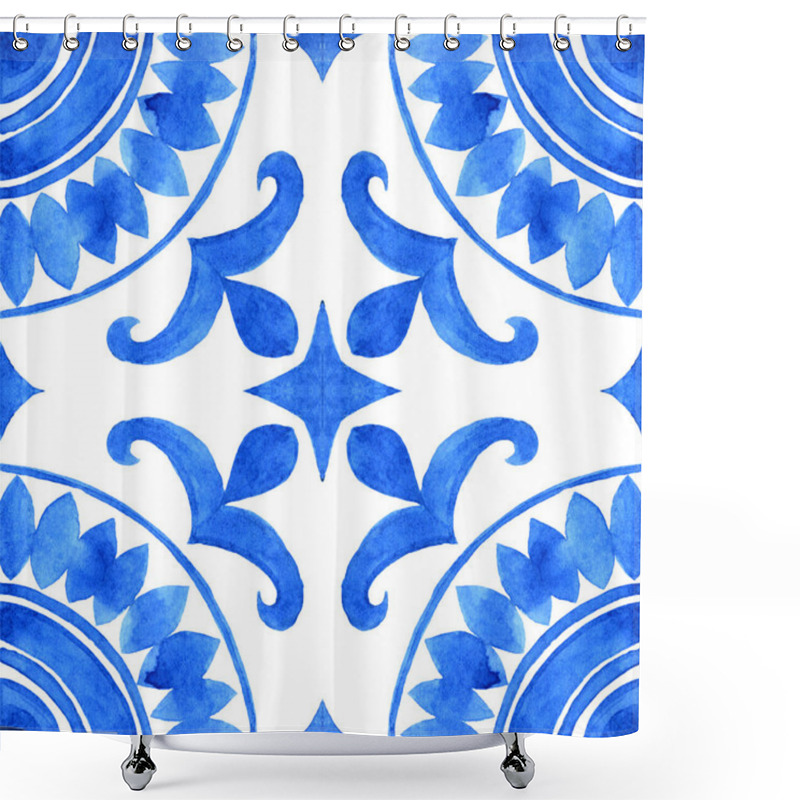 Personality  Portuguese Azulejo Tile. Blue And White Gorgeous Seamless Pattern. Hand Painted Watercolor Illustration. For Wallpaper, Web Background, Print, Surface Texture Shower Curtains