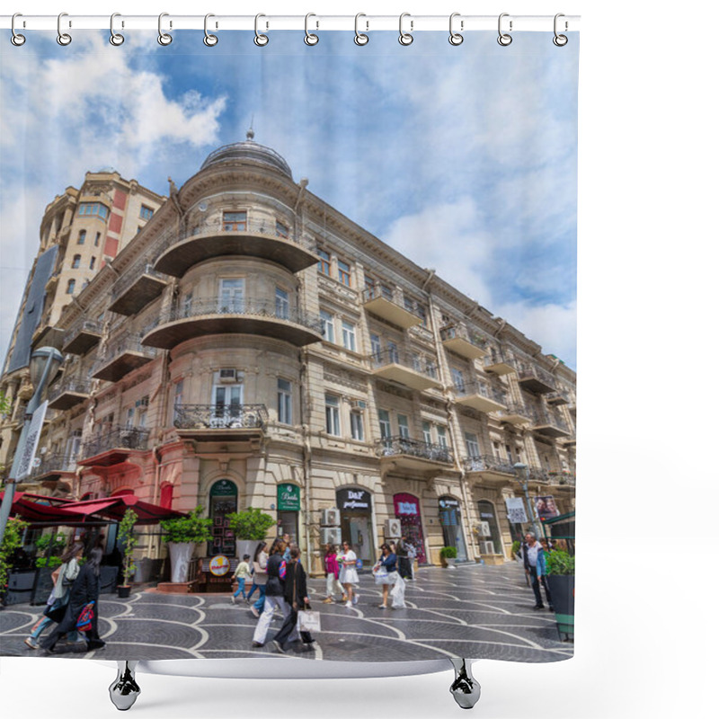 Personality  Baku, Azerbaijan - May 5, 2024: Visitors Stroll Along Nizami Street, Admiring The Architecture Of Historic Buildings. Cafes And Shops Invite Guests To Explore The Lively Atmosphere And Local Culture Shower Curtains