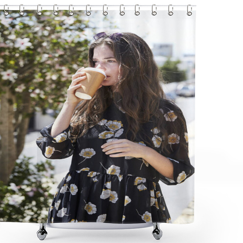 Personality  Brunette Woman Drinking Coffee  Shower Curtains