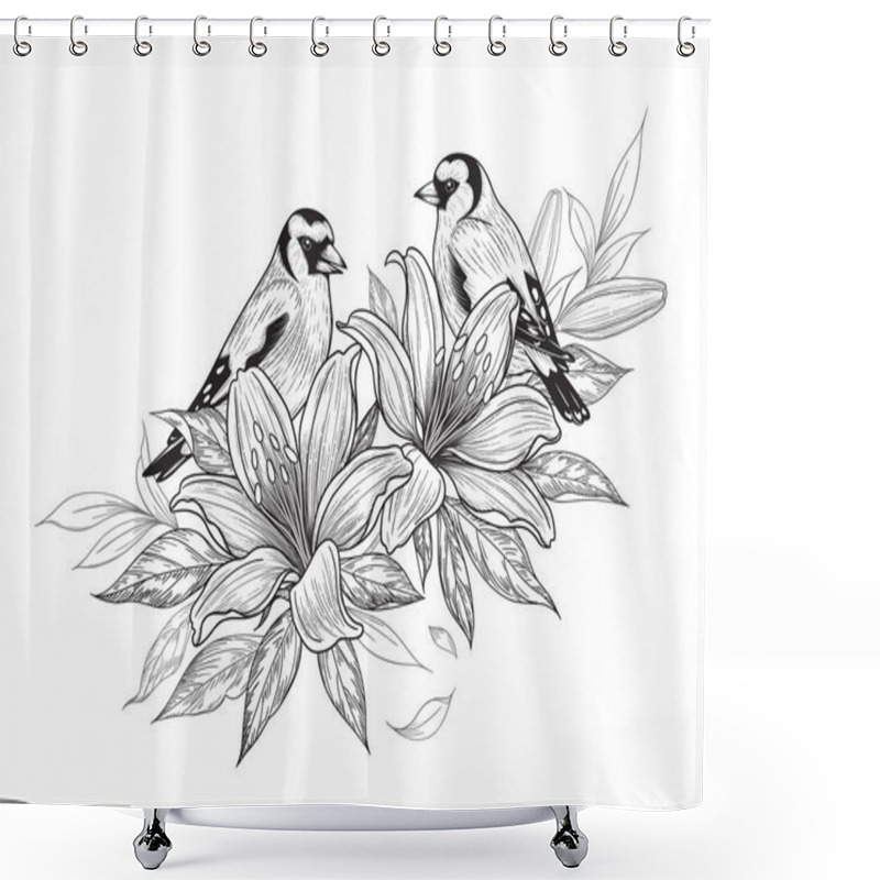 Personality  Hand Drawn Goldfinch Couple Sitting On Lily Branch Isolated On White Background. Vector Monochrome Elegant Floral Composition With Birds And Flowers In Vintage Style, T-shirt, Tattoo Design. Shower Curtains