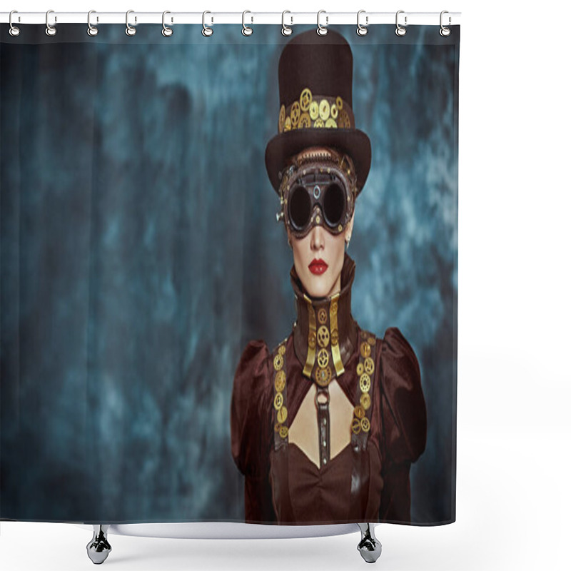 Personality  Portrait Of A Beautiful Victorian Steampunk Lady On A Grunge Background. Fantasy World, Scientific Inventions. Copy Space. Shower Curtains