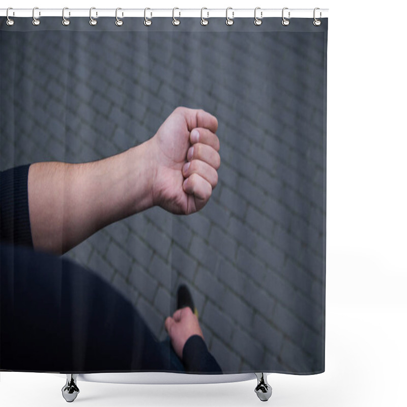 Personality  Cropped View Of Male Hand With Bricks On Background  Shower Curtains