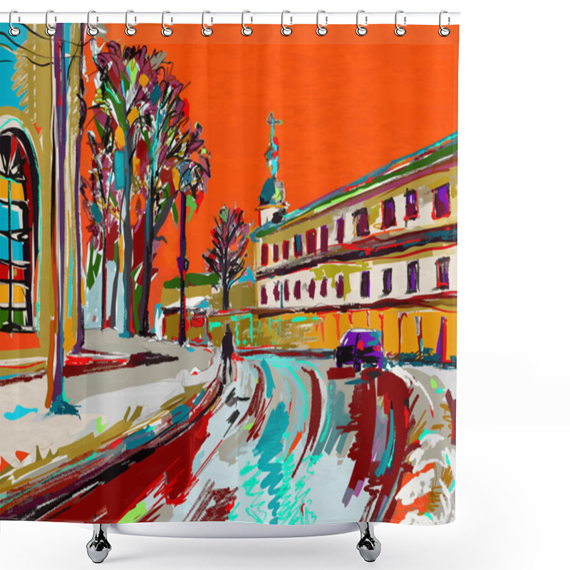 Personality  Original Digital Painting Of Winter Cityscape. Modern Impressionism. Vector Version Shower Curtains