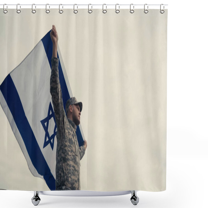 Personality  Low Angle View Of Military Man In Uniform Holding Flag Of Israel With Sky At Background  Shower Curtains