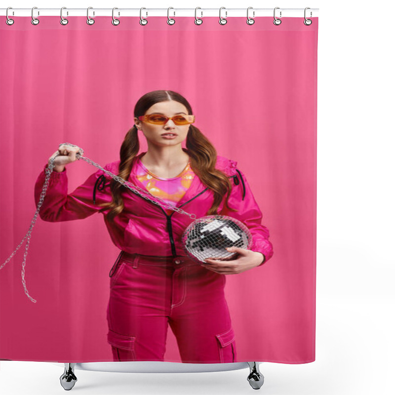 Personality  A Vibrant Woman In Her 20s, Donning A Stylish Pink Outfit, Holds A Disco Ball, Exuding Energy Against A Pink Backdrop. Shower Curtains