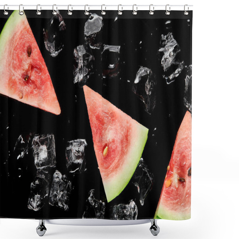 Personality  Top View Of Red Watermelon Slices With Melting Ice Isolated On Black Shower Curtains