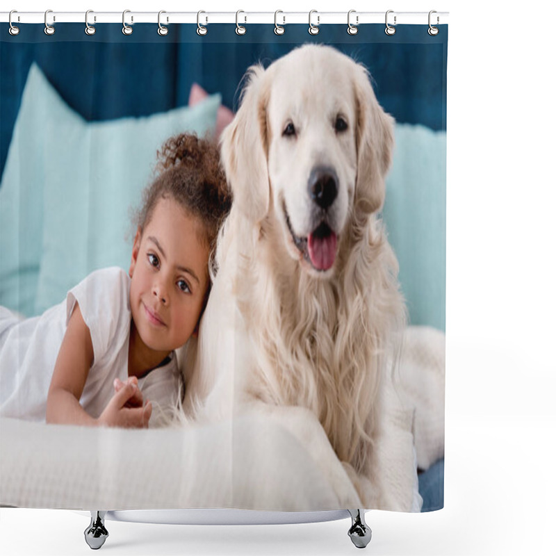 Personality  Adorable African American Child With Happy Dog Smiling At Camera Shower Curtains