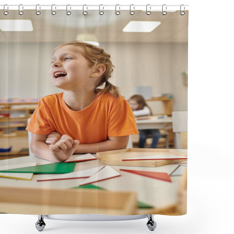 Personality  Happy Child Looking Away Near Wooden Didactic Materials In Class Of Montessori School Shower Curtains