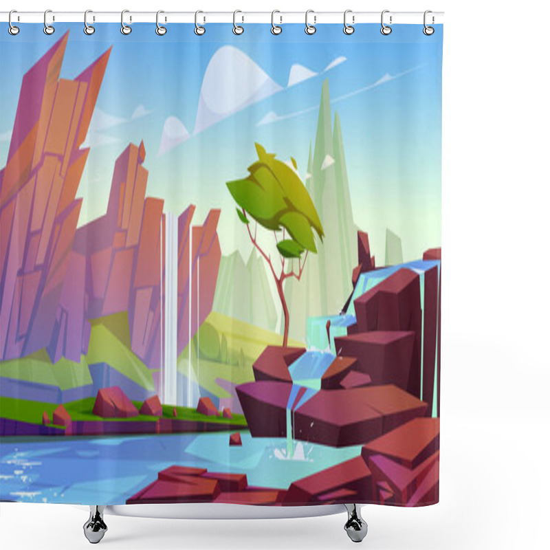 Personality  Waterfall In Mountain Valley. Vector Cartoon Illustration River Water Falling Down Stone Cascade, Green Tree, Bushes And Grass On Hills, Rocky Peaks On Horizon, Clouds In Blue Sky, Beautiful Scenery Shower Curtains