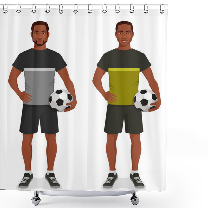 Personality  Athletic Young Black Man In Sport Outfit, Holding A Soccer Ball (European Football). Healthy Lifestyle And Fitness Concept. Isolated On White. Shower Curtains