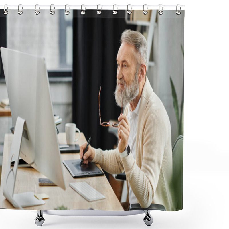 Personality  Mature Man Thoughtfully Engages With Digital Tools While Seated At A Stylish Workspace. Shower Curtains