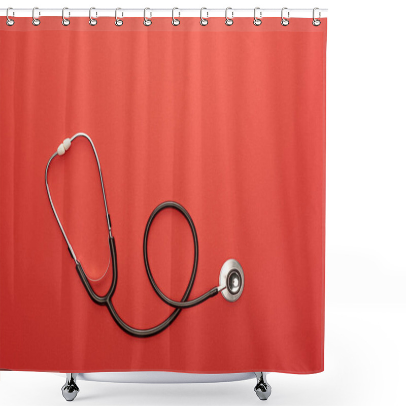 Personality  Top View Of Stethoscope On Red Background Shower Curtains