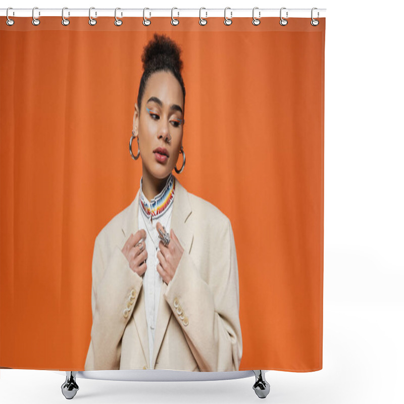 Personality  Beautiful African American Model In Beige Blazer With Accessories And Vivid Makeup Looking Away Shower Curtains