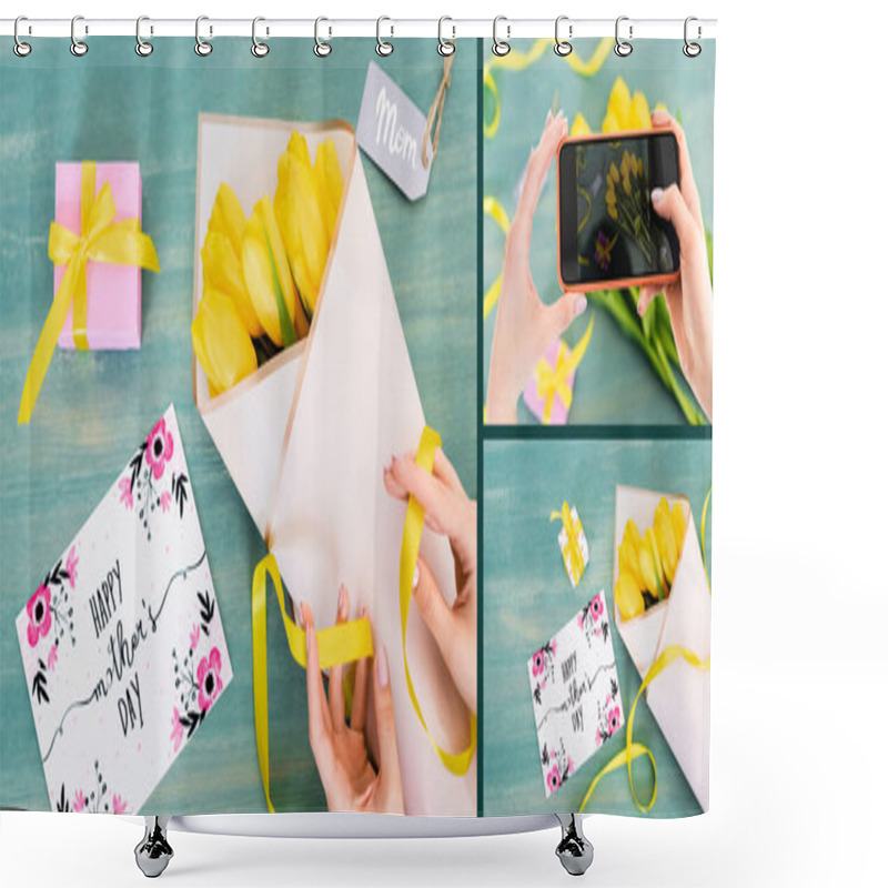 Personality  Collage Of Woman Taking Photo Of Yellow Tulips, Gift Box, Mom Tag Lettering And Greeting Card With Happy Mothers Day On Textured Surface Shower Curtains