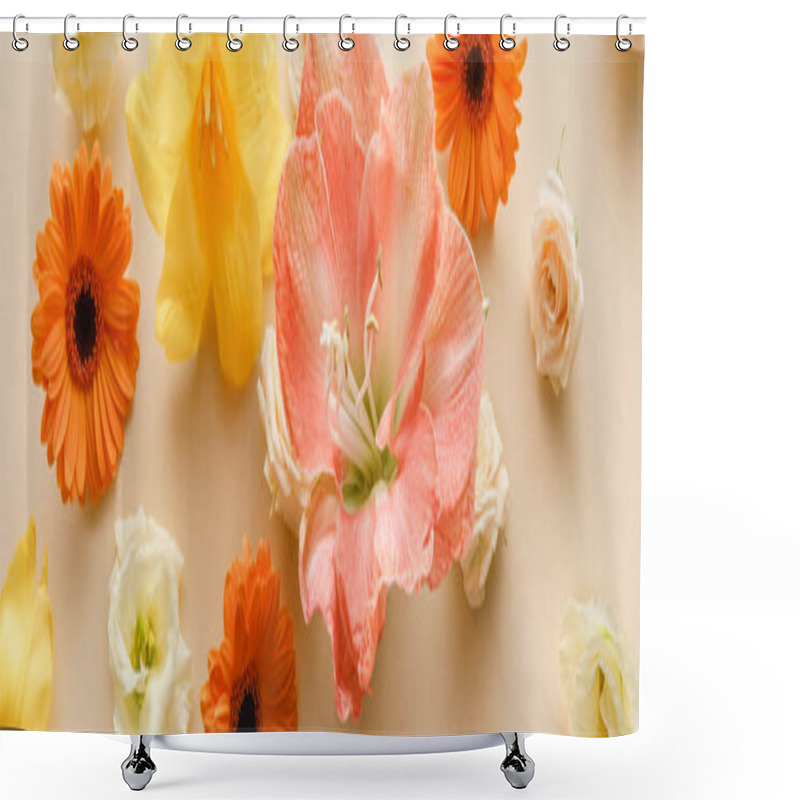 Personality  Top View Of Spring Flowers On Beige Background, Panoramic Shot Shower Curtains