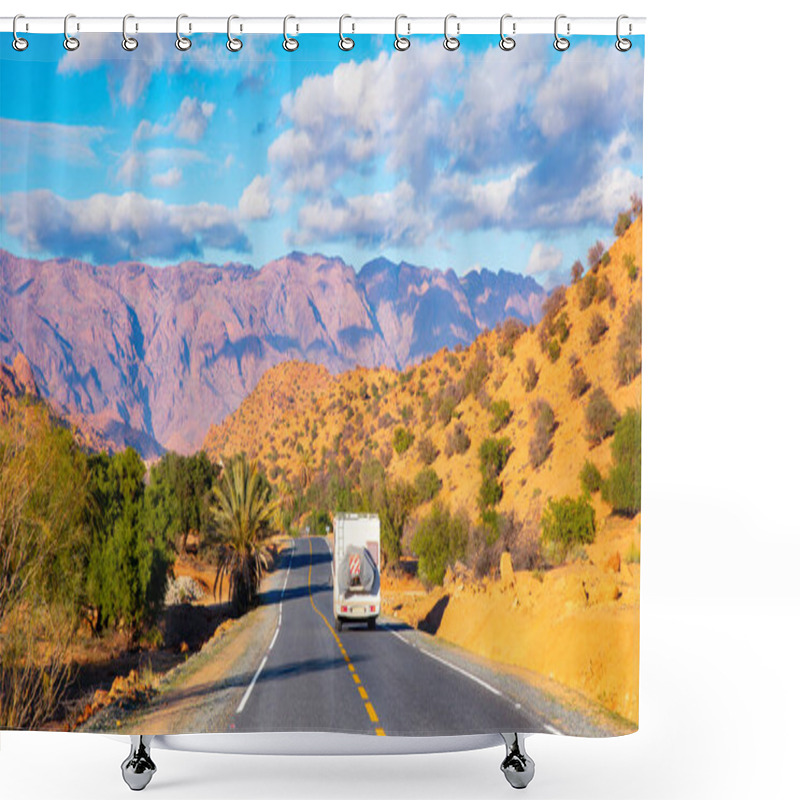 Personality  Motorhome On Asphalt Road In Morocco Shower Curtains