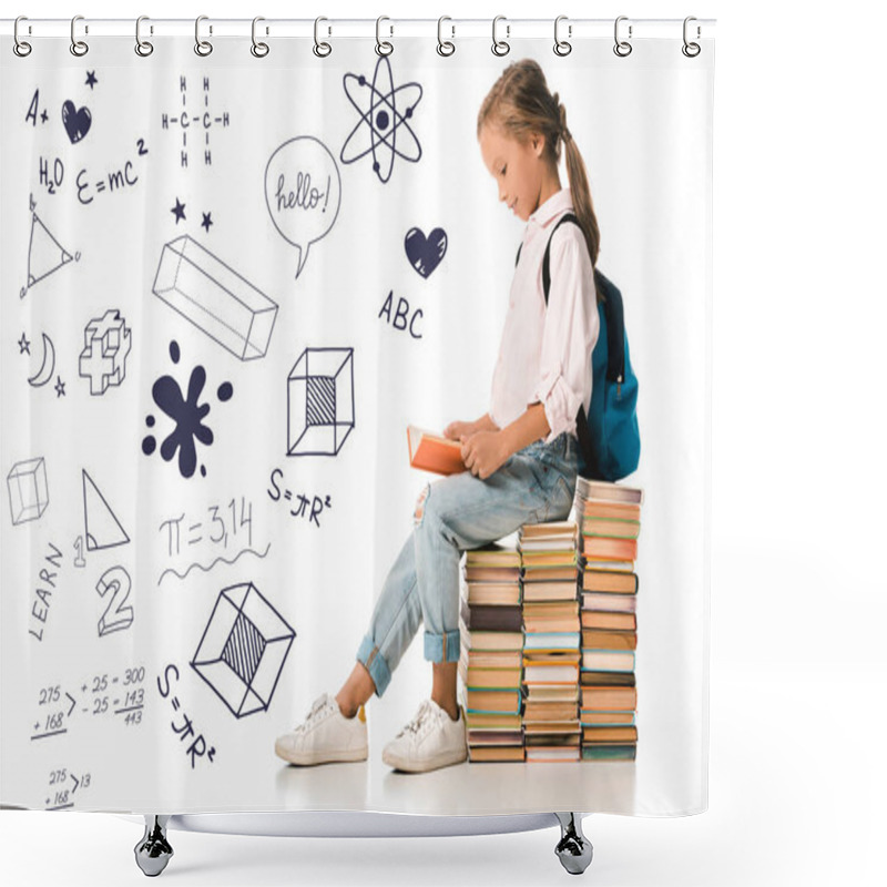 Personality  Cheerful Schoolkid Sitting On Books And Reading Near Letters And Mathematical Formulas  On White  Shower Curtains