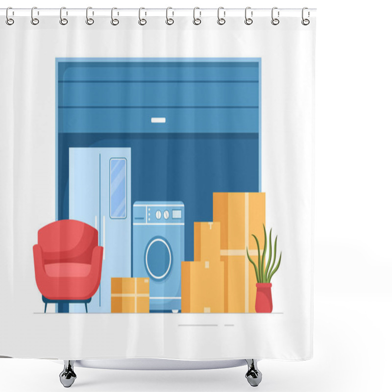 Personality  Self Storage Of Cardboard Boxes Filled With Unused Items In Mini Warehouse Or Rental Garage In Flat Cartoon Hand Drawn Templates Illustration Shower Curtains