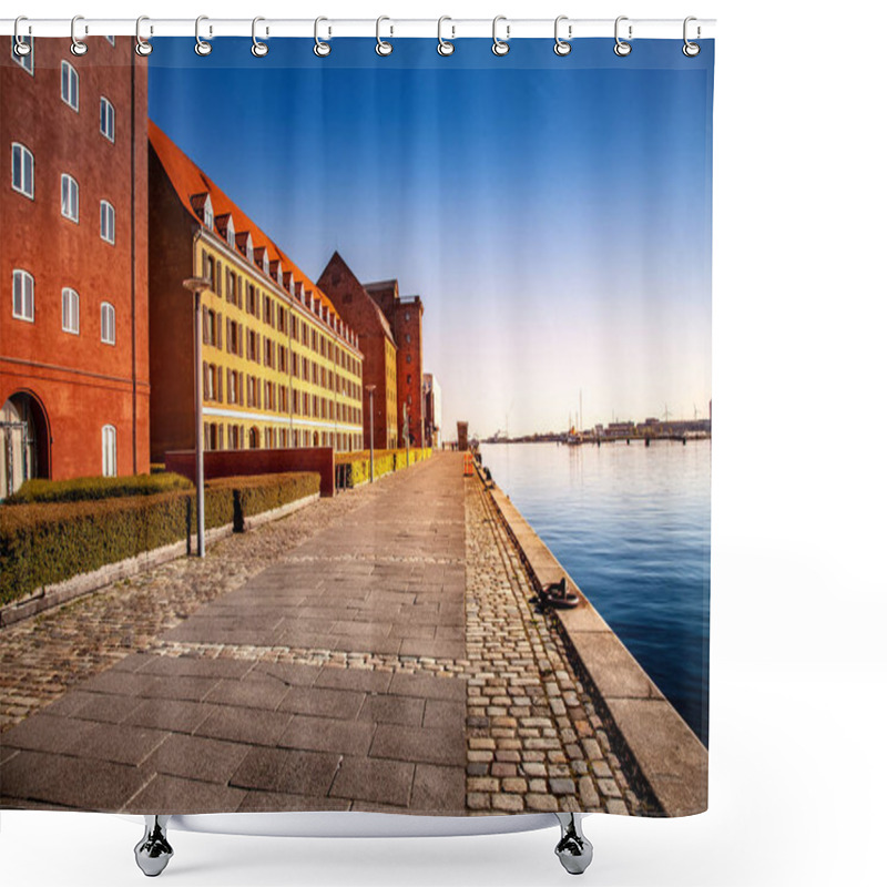 Personality  Empty Embankment Near Harbor And Buildings At Sunny Day, Copenhagen, Denmark Shower Curtains