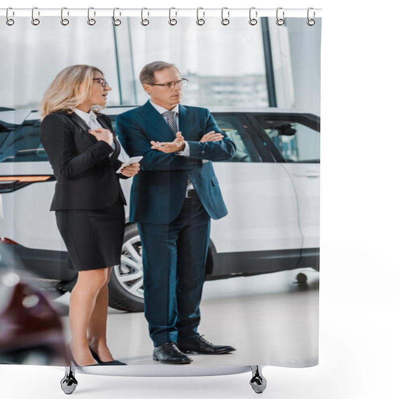 Personality  Businessman And Businesswoman With Smartphone Choosing New Automobile In Showroom Shower Curtains