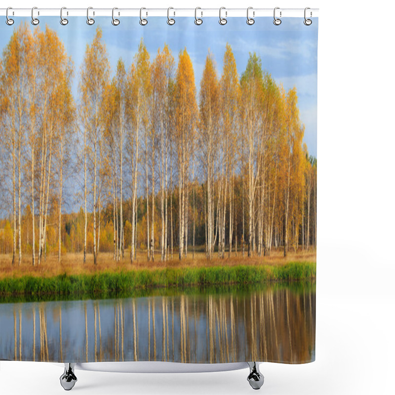 Personality  River In The Fall Forest With Golden Birches Shower Curtains