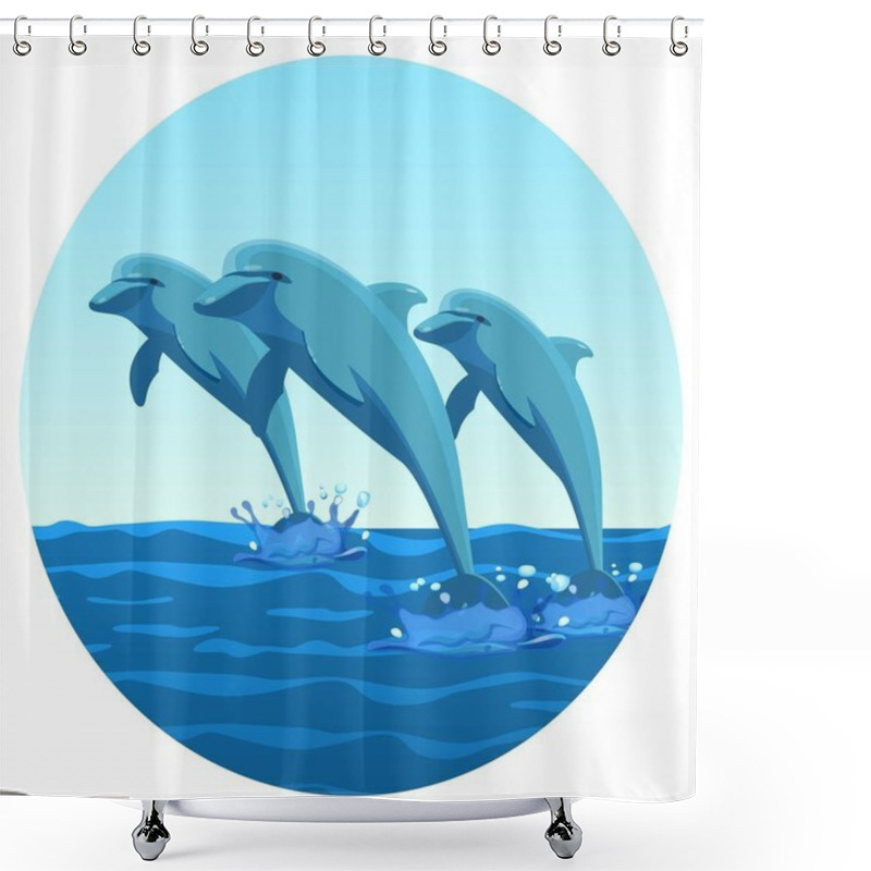 Personality  Three Dolphins Synchronously Jump Out Of Water Friendly Kind Creatures Shower Curtains