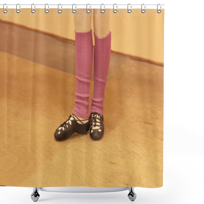 Personality  Irish Dancer In Soft Shoes And Purple Leggings On A Wooden Floor, Legs Close Up. Irish Folk Dancing Shower Curtains