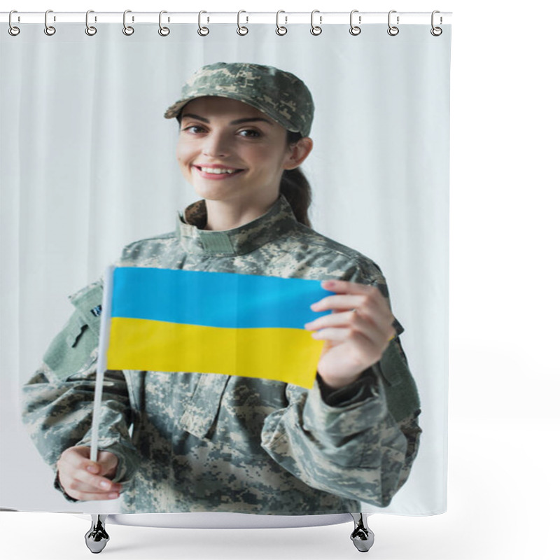 Personality  Portrait Of Smiling Soldier Holding Blurred Ukrainian Flag Isolated On Grey  Shower Curtains