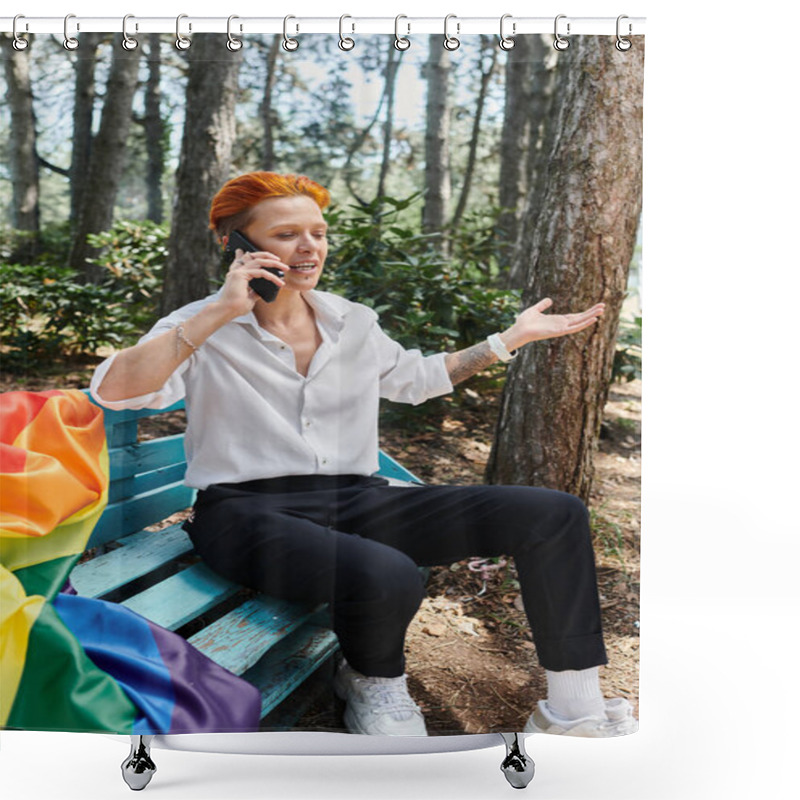 Personality  Teacher In White Shirt On Bench With Rainbow Flag, Talking On Phone In Woods Shower Curtains