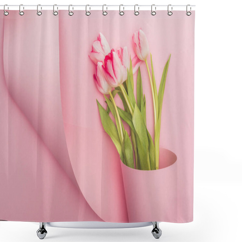 Personality  Top View Of Tulips Wrapped In Paper Swirl On Pink Background Shower Curtains