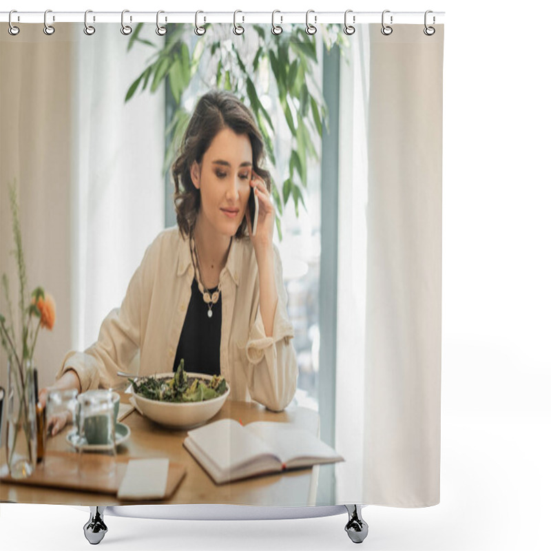 Personality  Positive Woman In Stylish Casual Clothes Looking At Notebook During Conversation On Mobile Phone Near Fresh Vegetable Salad, Glasses And Cup Of Aromatic Coffee In Hotel Lobby, Work-life Integration Shower Curtains